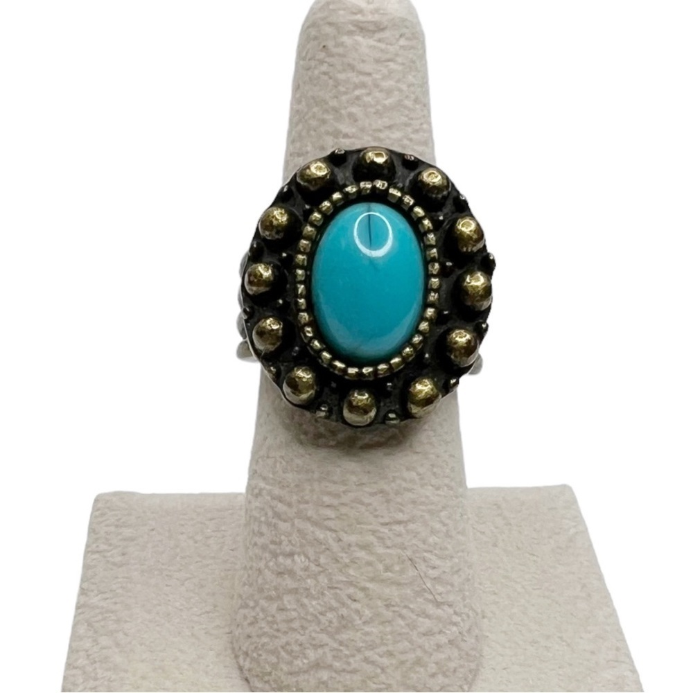 Faux Turquoise Oval Cabochon Antique Gold Tone Cocktail Ring